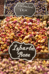 Piles of natural tea flavourings, for sale in the Grand Bazaar Souk, Istanbul, Turkey