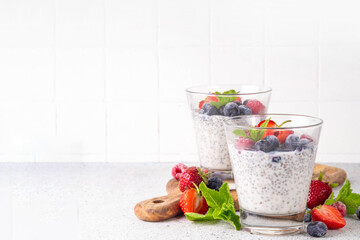 Chia seeds pudding dessert with fresh berries