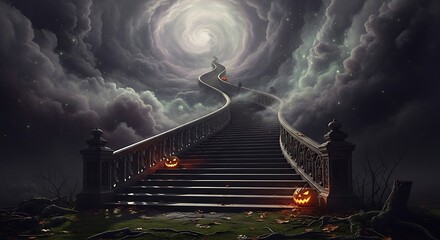 Gothic Halloween Stairway Ascending into a Swirling Celestial Vortex.