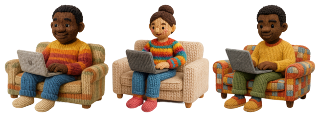 PNG Cozy knitted characters working, element set on transparent background