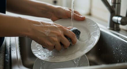 Closeup of Hands Washing a Plate Water Flowing Soap Bubbles Kitchen Sink.