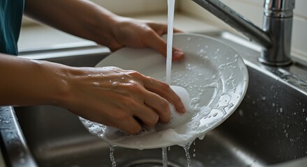 Closeup of Hands Washing a Decorated Plate in a Kitchen Sink.
