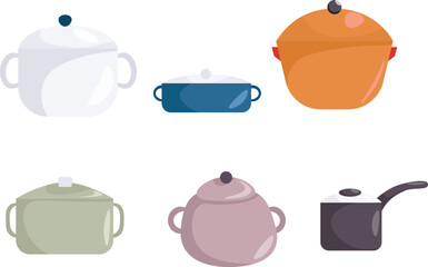 Pots and pans. Kitchen utensils, a collection of cartoon kitchen cooking utensils, vector illustration of elements for boiling and frying, isolated on white background.