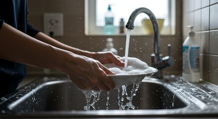 Closeup of Hands Washing a Soapy Plate Under Running Water in a Kitchen Sink.