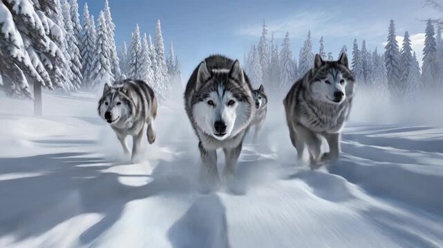 Three majestic wolves sprinting through a snowy forest, showcasing their powerful movement and agility, with snowflakes flying and trees in the background, capturing the essence of wild nature