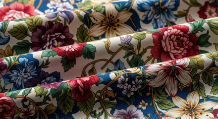 Luxurious Draped Fabric with Vibrant Vintage Floral Pattern: Rich Red, Blue, Purple Blooms & Green Foliage