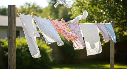 Clothesline Symphony Fresh Laundry Dancing in Summer Breeze Sunlight Filtering Through Greenery.