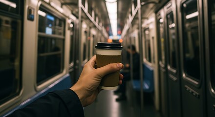 Coffee Cup in Hand on Subway Train Urban Commute.