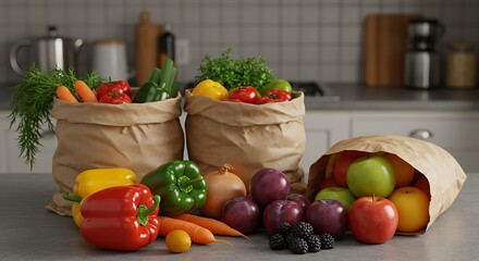 Colorful Fresh Produce Unpacked from EcoFriendly Paper Bags on a Modern Kitchen Countertop.