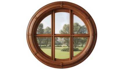 Round Wooden Window with Garden View Through Panes isolated on a transparent background