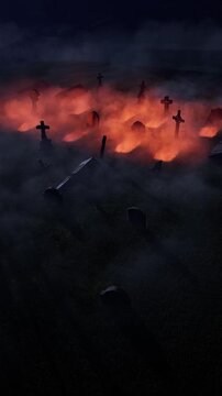 An old, abandoned cemetery with headstones jutting out in all directions and light emanating from the graves, next to ancient ruins. Halloween. 3D rendering.