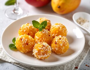 Mango-flavored, round, sweet treats