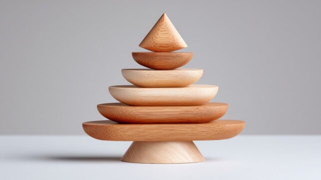 Wooden stacking toy shaped like a Christmas tree on minimal background  