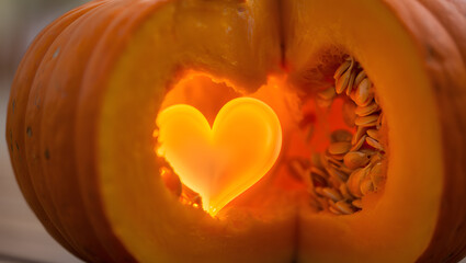 Glowing heart inside a pumpkin.