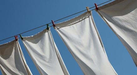 Crisp White Sheets Drying Under a Bright Blue Sky with Colorful Clothespins.