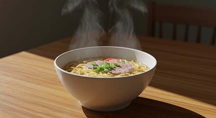 Delicious Steaming Ramen Bowl with Pork and Scallions Artfully Lit on a Wooden Table.