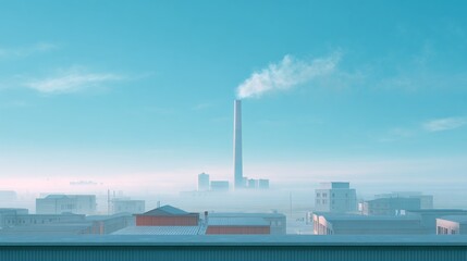Industrial factory emitting smoke in foggy urban landscape  
