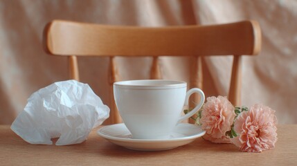 White tea cup on saucer with pink flowers and tissue on table  