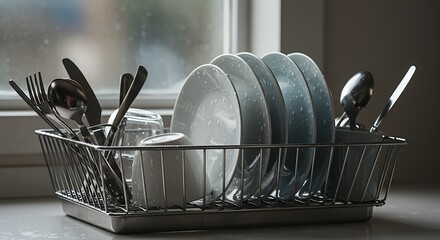 Dishes drying in a metal rack by the window kitchen scene.