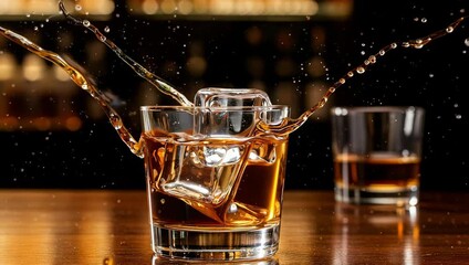 Craft whiskey swirling with ice creates a dynamic splash, perfect for luxury lifestyle advertising or sophisticated drink promotions that capture the essence of premium spirits - Powered by Adobe