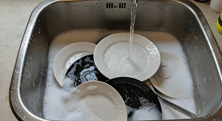 Dishes Washing in a Stainless Steel Sink Sparkling Clean.