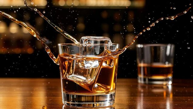 Craft whiskey swirling with ice creates a dynamic splash, perfect for luxury lifestyle advertising or sophisticated drink promotions that capture the essence of premium spirits