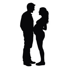 Silhouette of a man and a pregnant woman standing face to face looking at each other in black and white