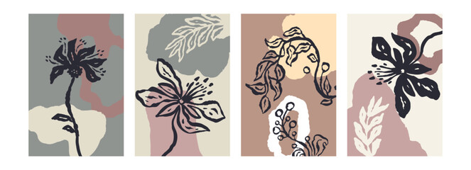 Set of poster or card with ink brush abstract sketch flowers and leaves organic shapes background. Minimalist floral composition bundle