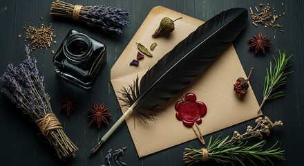Enigmatic Quill Pen, Inkwell, and Wax-Sealed Letter with Aromatic Dried Herbs.