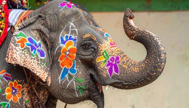 Decorated Elephant with Colorful Flowers in India.