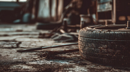 Naklejka premium A weathered tire rests on a gritty workshop floor, showcasing signs of wear and neglect in muted tones.