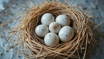 Obraz premium Closeup of quail eggs in a natural bird's nest, showing the delicate speckled shells and rustic organic texture in soft lighting.