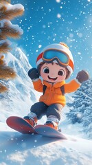 Young boy with animated features, wearing bright orange jacket and goggles, joyfully snowboarding down a snowy slope surrounded by pine trees in a winter wonderland