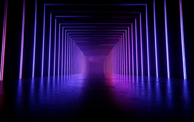 Neon-lit tunnel with multiple rectangular light strips creating a futuristic scene