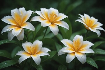 Fototapeta premium Flowers with water drops, botanical art style, rain. Water drops shimmer in the backlight.