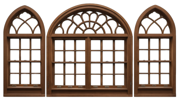 Three Large Wooden Arched Windows with Intricate Tracery isolated on a transparent background
