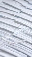 Many light-blue disposable face masks layered