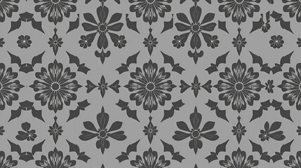 Seamless pattern with dark gray anthemion floral shapes and ogee geometrical motifs on a gray background. Classic abstract repeat wallpaper.