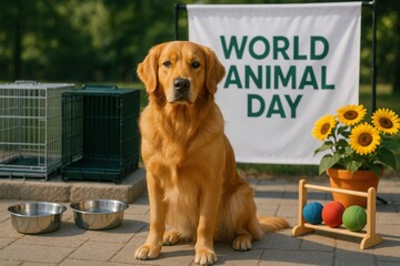 Golden retriever sitting near crates, water bowls, toy rack, banner stand and flowers at a World Animal Day shelter