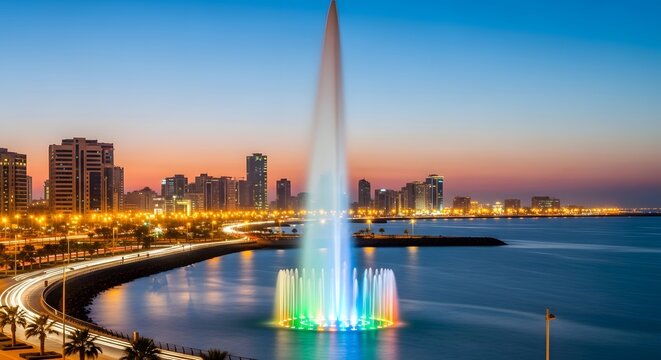 Colorful Fountain at Dusk with City Skyline in Sharjah, UAE