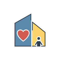 Abstract logo design of a house divided into two sections, one with a heart and the other with a person, symbolizing care and shelter.