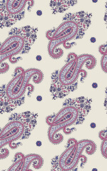 Classic paisley floral seamless pattern. blue and pink. Intricate ornamental design. ideal for apparel, scarves, wallpapers, home decor, sarees, women's dress and timeless fashion textile prints.
