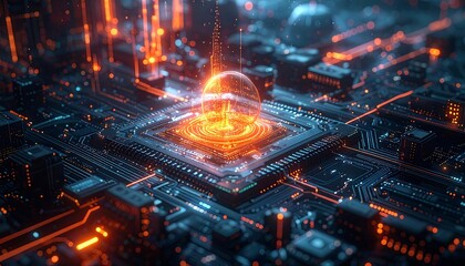 An abstract depiction of a glowing processor and circuitry, with an orb emanating light, set against a dark backdrop