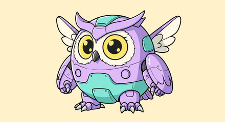 Fototapeta premium A cute mecha owl character, an adorable robotic creature with large eyes and feathered wings on a light tan background
