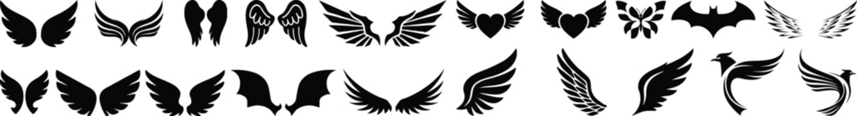 Wings icon, Black wing silhouettes, Angel and bird wings icons, Wings collection in different shapes.Vector angel wings set collection illustration drawing silhouette design graphic element isolated 