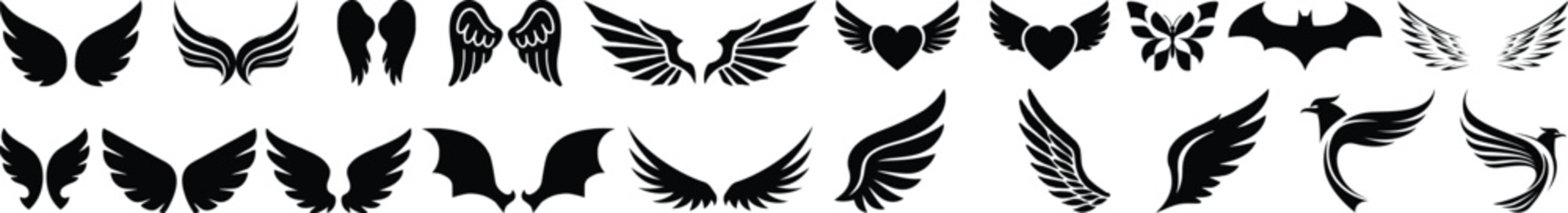 Wings icon, Black wing silhouettes, Angel and bird wings icons, Wings collection in different shapes.Vector angel wings set collection illustration drawing silhouette design graphic element isolated 