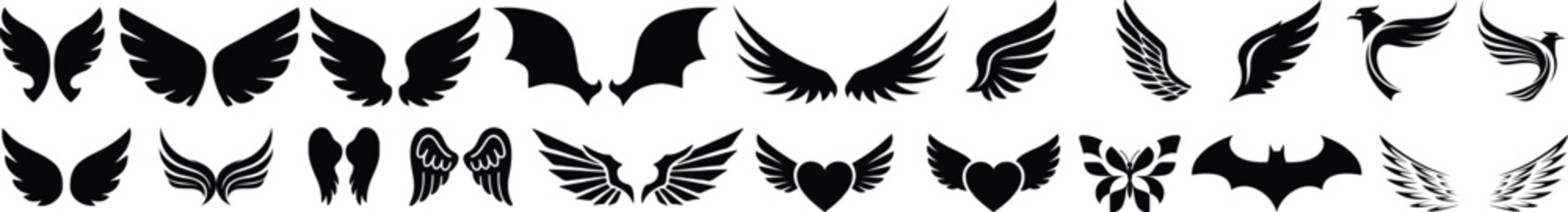 Wings icon, Black wing silhouettes, Angel and bird wings icons, Wings collection in different shapes.Vector angel wings set collection illustration drawing silhouette design graphic element isolated 