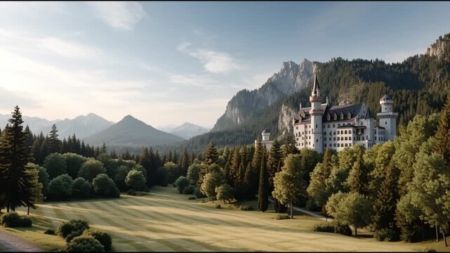 Majestic castle nestled in verdant hills, surrounded by scenic mountains. A picturesque view that captivates visitors and inspires wanderlust.