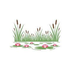 Illustration of a serene pond with pink water lilies and green lily pads, surrounded by tall green grass and brown cattails.
