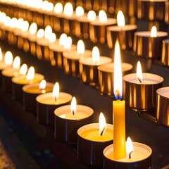 Many small candles burning in rows